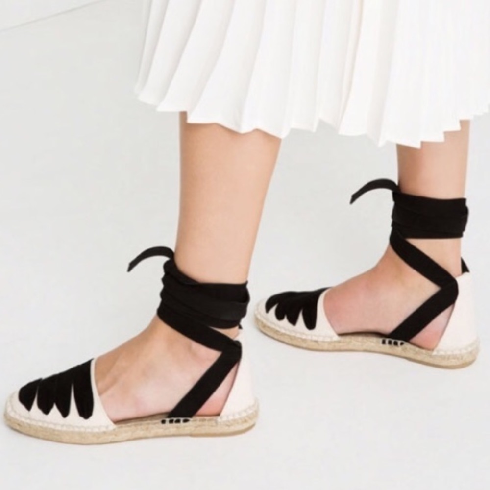 Zara cream suede black tie up espadrilles